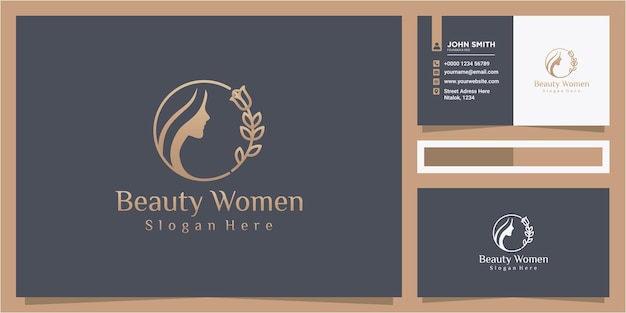 Elegant woman hair leaf and flower gold gradient for your business with business card