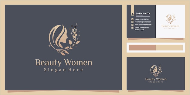 Elegant woman hair salon gold gradient logo design with leaf and flower