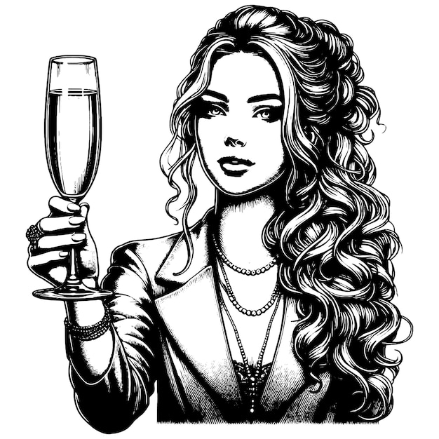 Vector elegant woman holding champagne glass in detailed black and white vector generative ai