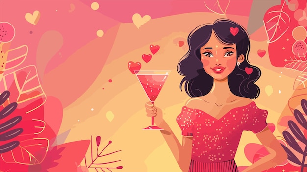 Vector elegant woman holding glass of tasty cocktail on valentines day