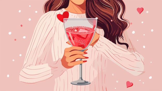 Elegant Woman Holding Glass of Tasty Cocktail on Valentines Day