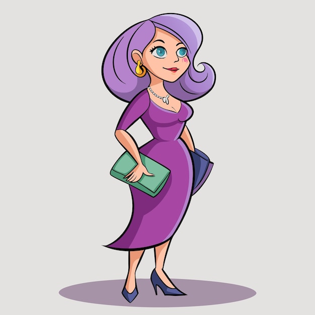 Vector elegant woman in purple dress with clutch and heels cartoon vector illustration