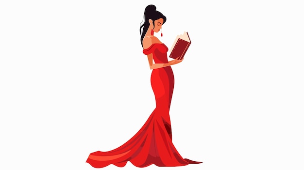 Elegant Woman in Red Dress Holding Book in Hands Flat Vector Illustration