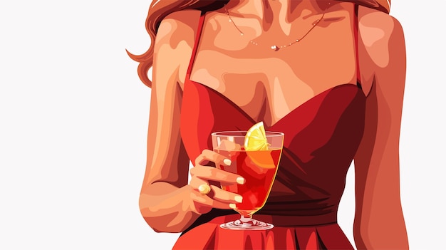 Elegant Woman in Red Dress Holding Cocktail Closeup Shot