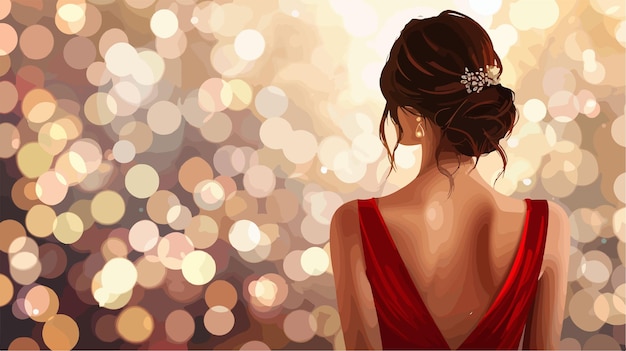 Vector elegant woman in red dress with bokeh background