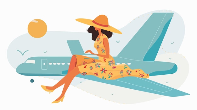 Vector elegant woman sitting on airplane wing with dress and hat