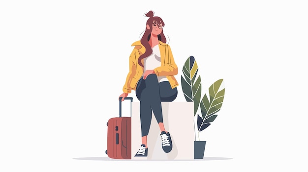 Elegant Woman Traveler Waiting with Luggage on Minimalistic White Seat