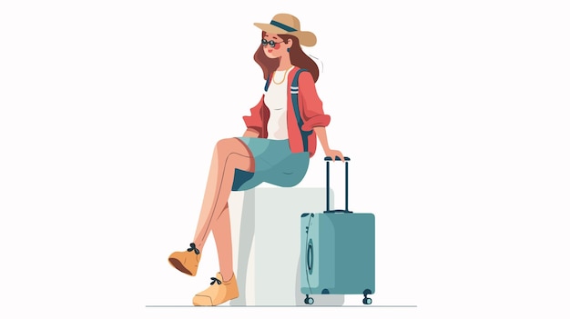 Elegant Woman Traveler Waiting with Luggage on Minimalistic White Seat