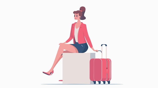 Elegant Woman Traveler Waiting with Luggage on Minimalistic White Seat