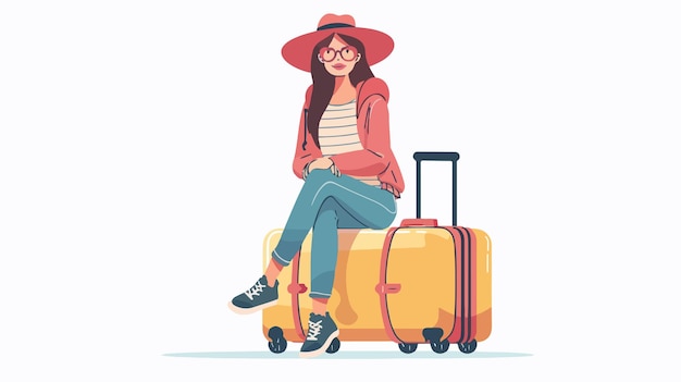 Elegant Woman Traveler Waiting with Luggage on Minimalistic White Seat