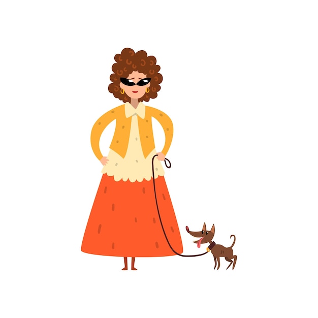 Elegant woman walking with her small pet dog vector Illustration isolated on a white background