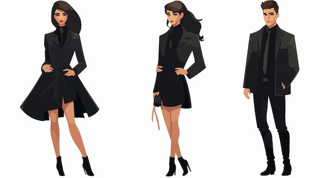 Vector elegant young couple in stylish black fashion outfits woman in little black dress