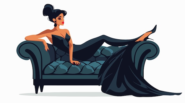 Elegant Young Lady in Evening Dress Sitting on Sofa