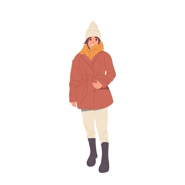 Vector elegant young woman character wearing warm winter cold autumn or spring attire and stylish boots stay fashionable and comfortable during season cartoon female everyday fashion vector illustration