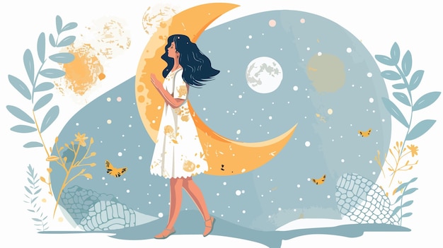 Elegant Young Woman Holding Moon on Lace Vector Illustration