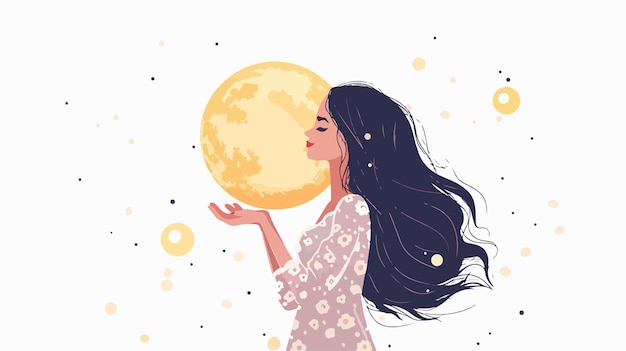 Elegant Young Woman Holding Moon on Lace Vector Illustration