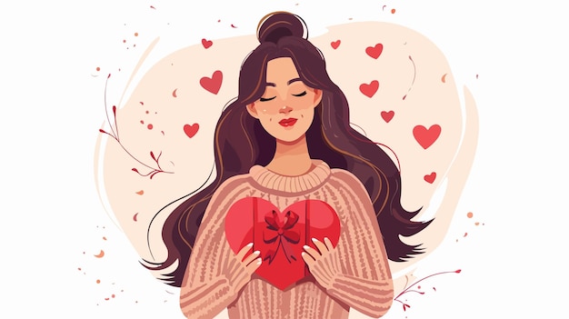 Vector elegant young woman holding red heart and gift on white background