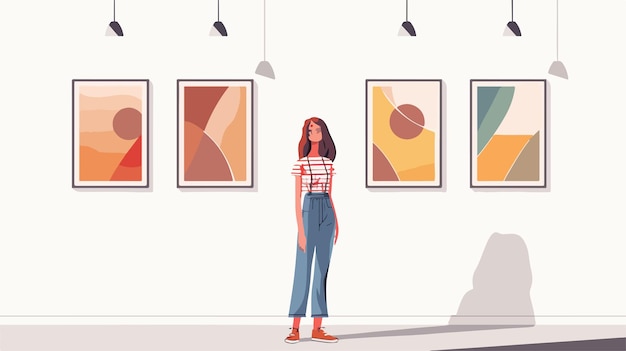 Vector elegant young woman posing in art gallery exhibition