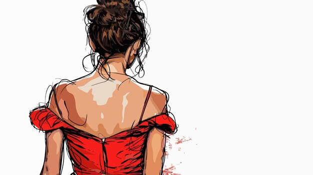 Vector elegant young woman in red dress handdrawn style