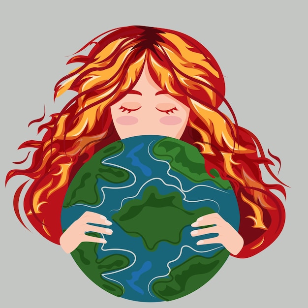 the element of nature fire in the form of a redhaired girl hugging the planet Earth