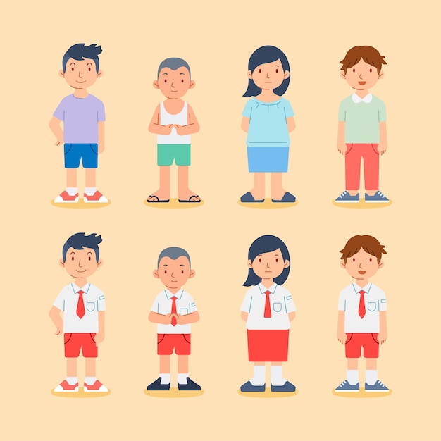 Elementary school student kids standing happy character with casual outfit and indonesian uniform