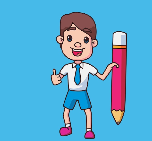 Elementary student holding a pencil cartoon illustration