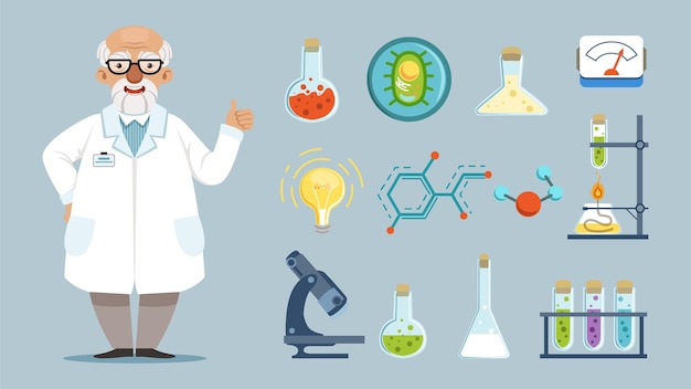 Elements of chemical laboratory, equipment, and chemist