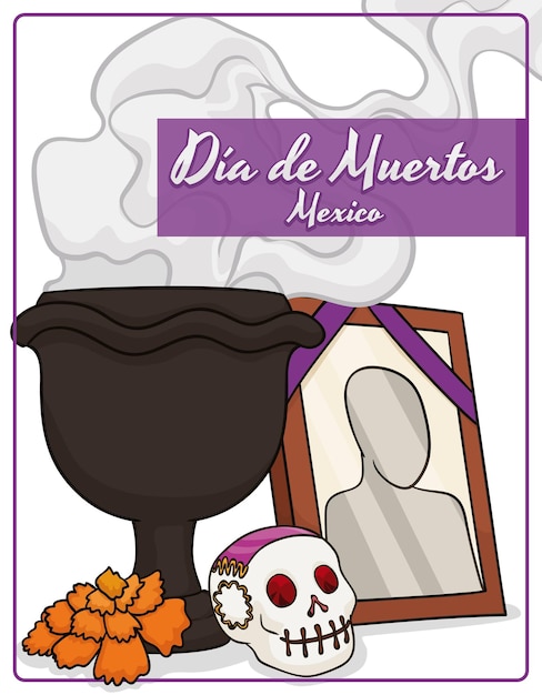 Elements for Dia de Muertos copal's incense in a dark censer sugar skull marigold flower and picture