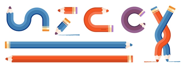 Elements for infographics. Straight, twisted and intertwined pencils. Blue and red pencil colors for clipart.