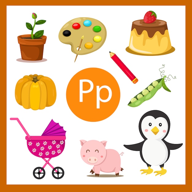 Elements of P alphabet for kids