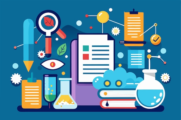 Vector elements related to scientific research are illustrated showcasing documents laboratory tools charts and magnifying glasses in a vibrant layout