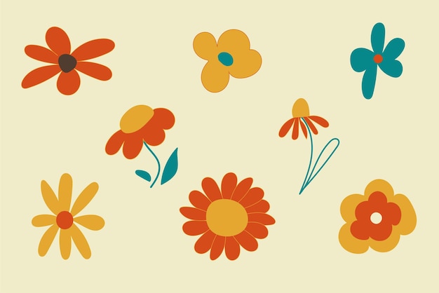 Elements in the style of the 1970s good vibes Psychedelic elements in retro style Set of flowers daisies Handdrawn