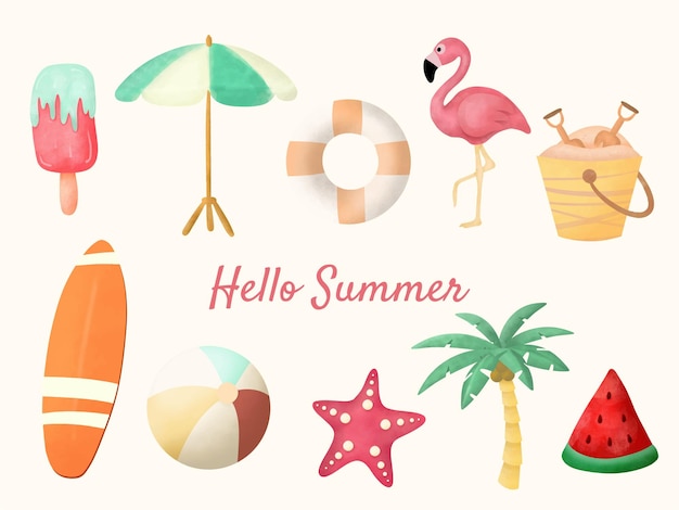 Elements of summer set watercolor vector illustration