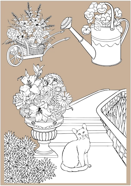 Elements on the theme of the garden. Black and white vector for coloring books. Watering can