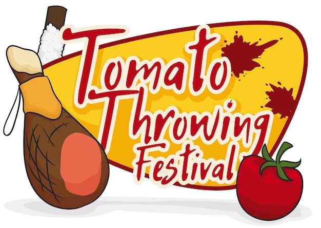 Elements of Tomatina or Tomato Throwing Festival delicious ham soaped stick and tomato with sign