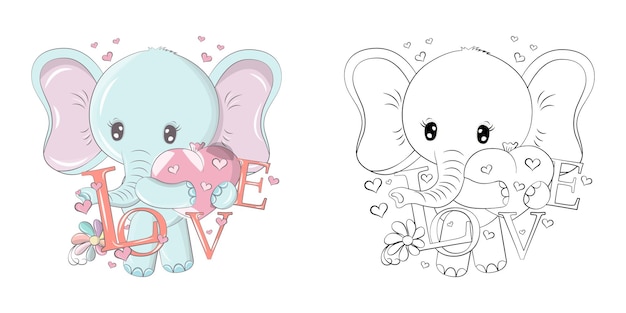 Elephant Clipart Multicolored and Black and White.  Beautiful Animal Illustration with Balloon.