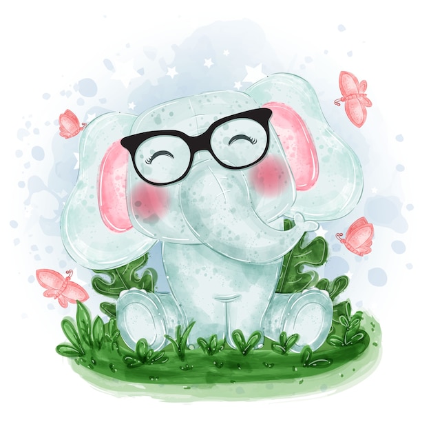 Elephant cute illustration sit down on the grass with butterfly