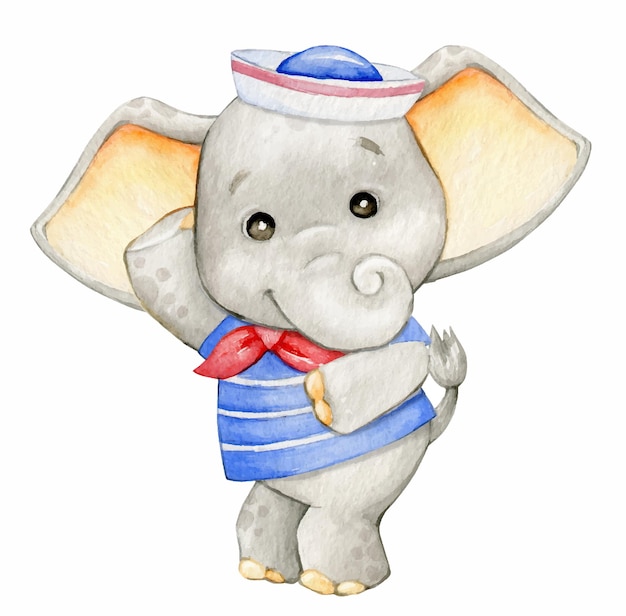 Elephant dressed as a sailor watercolor animal in cartoon style on an isolated background