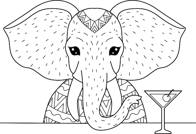 Elephant drinking cocktail glass on the trees for coloring book, coloring page.  illustration