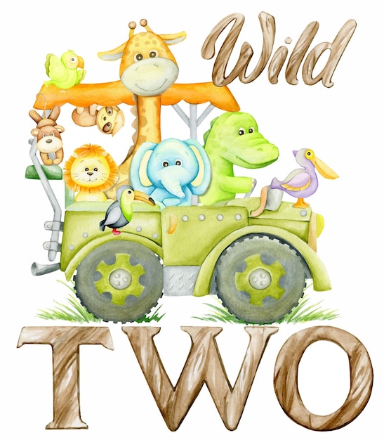 Elephant giraffe monkey sloth lion turtle auto text wild two Watercolor holiday clipart in cartoon style on an isolated background