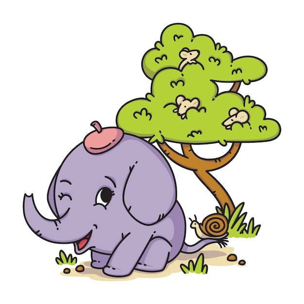 Elephant in a hat with snail on tail and mouse on a tree. Cartoon animal character.