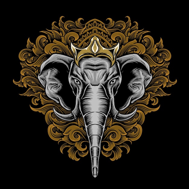 elephant head  illustration with engraving