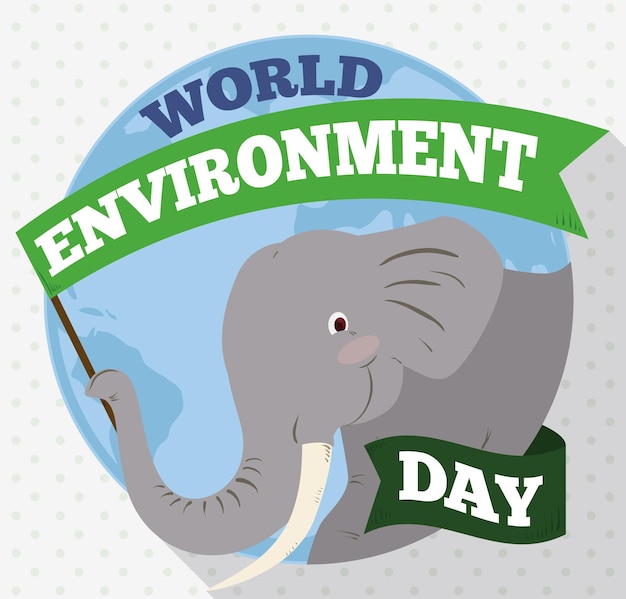 Elephant holding a commemorative flag for World Environment Day