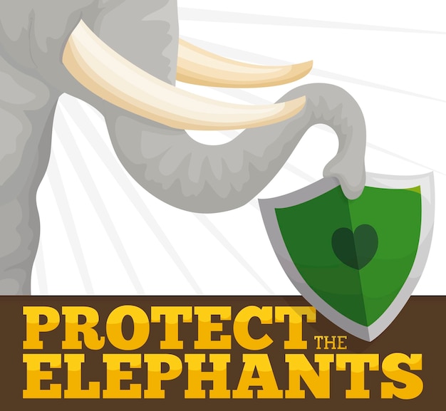 Elephant holding a shield with its trunk promoting conservation and protection efforts