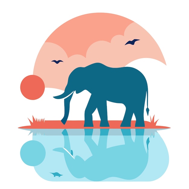 Vector an elephant is standing on a puddle with the moon and clouds in the background