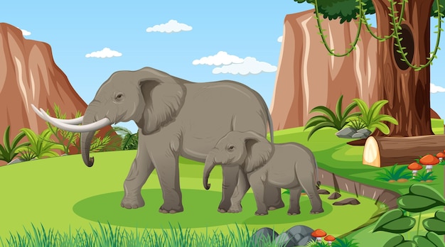 Elephant mom and baby in forest or rainforest scene with many trees