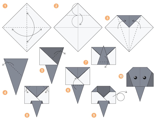 Elephant origami scheme tutorial moving model. Origami for kids. Step by step