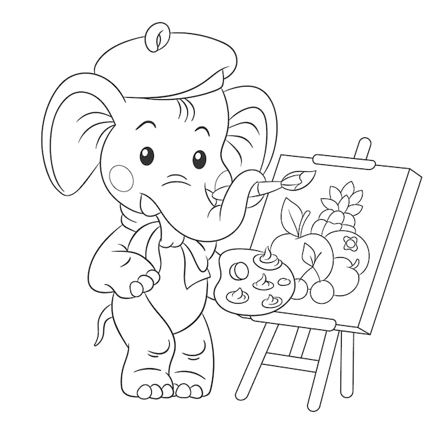 Elephant painting on canvas. Cartoon character. Coloring book page in line art style.