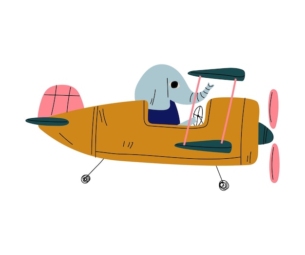 Vector elephant pilot flying on retro plane in the sky cute animal character piloting airplane vector illustration