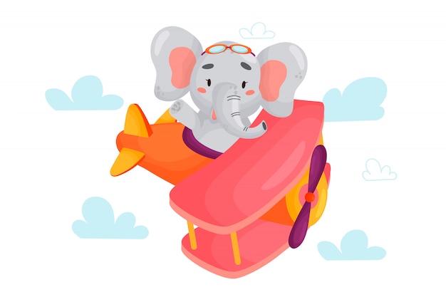 Elephant pilot is flying on plane through the clouds. Cute cartoon   illustration for children